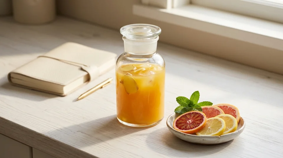 Beyaz ahşap masada cam apothecary kavanozda zencefilli sıcak içecek, yanında çeşitli turunçgil dilimleri ve nane yapraklı kase, arka planda grafikli açık wellness defteri