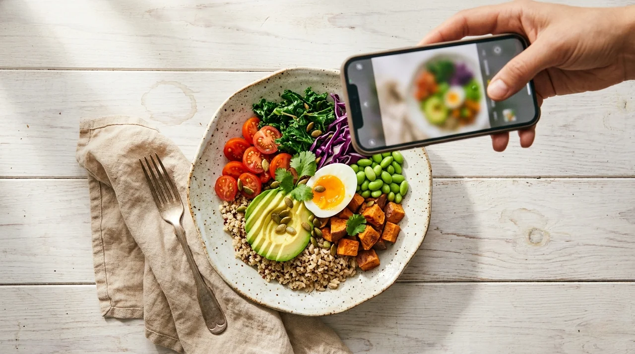 Renkli sebzeler, avokado, kinoa ve haşlanmış yumurta dolu sağlıklı kase, üstten bir el telefonla fotoğraf çekiyor