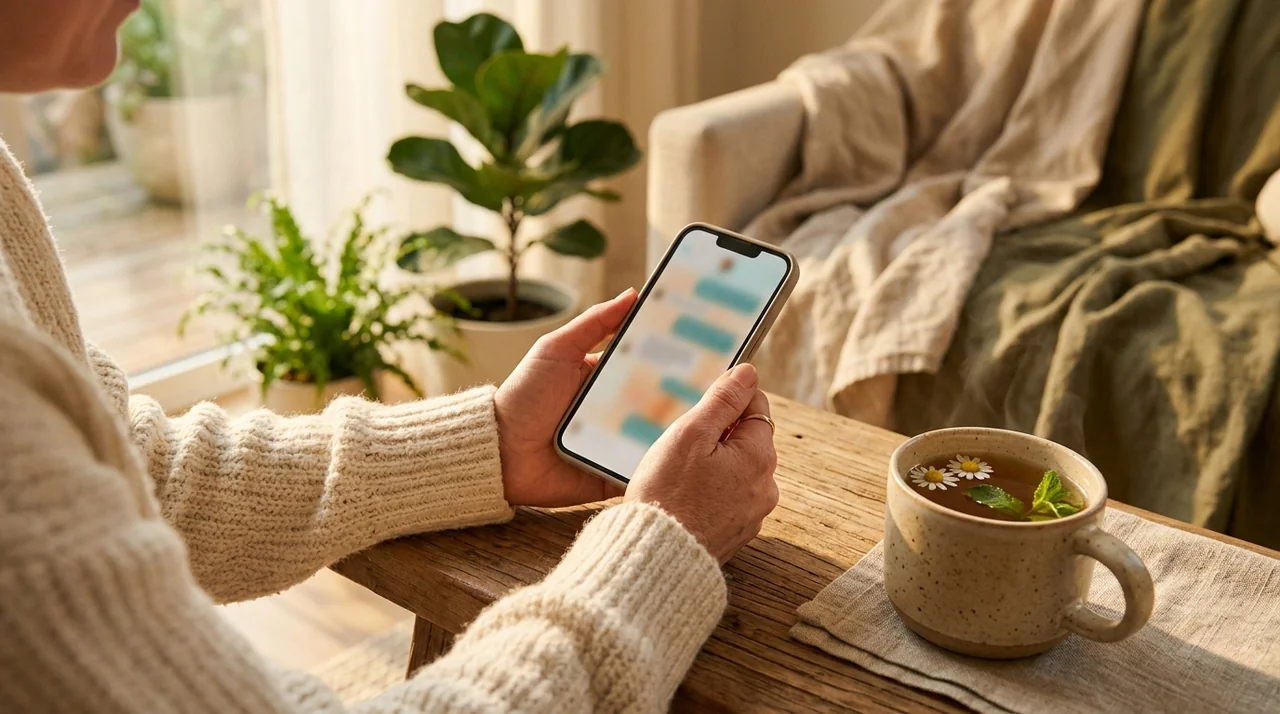 Yün kazak giyen biri elinde telefon tutuyor, ekranda mesajlaşma görünüyor, yanında kil çay fincanı ve yeşil bitkiler
