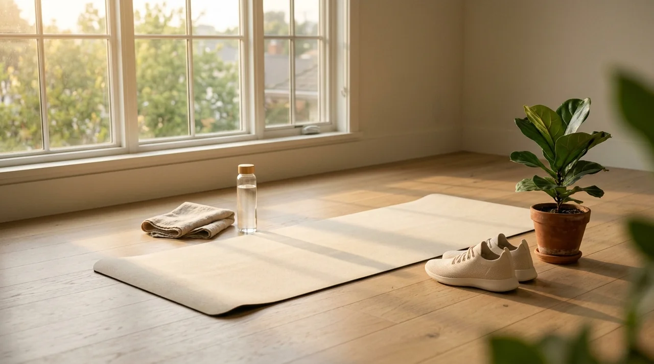 Pencere ışığı düşen ahşap zeminde açık yoga matı, yanında su şişesi, havlu, spor ayakkabı ve saksıda bitki